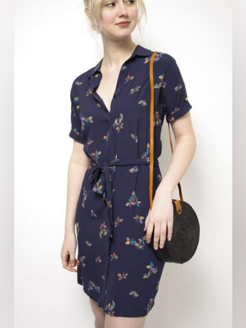 Sessun Short Sleeve Navy Floral Shirt Dress with Tie Waist Size M